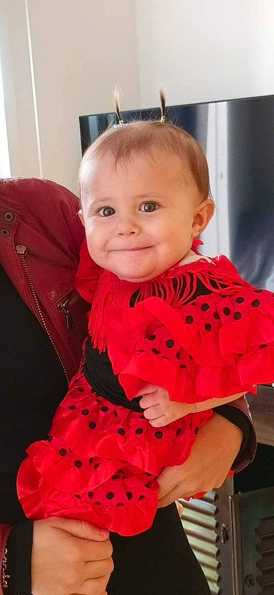 Liya a rejoint le concours — aidez-le/la à gagner de superbes lots ! abdomen, baby, baby_products, baby_toddler_clothing, cheek, child, costume, formal_wear, fun, happy, joy, magenta, one_piece_garment, pattern, peach, person, pink, sitting, sleeve, smile