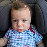 baby, blue_eyes, blue_shirt, bow_pattern, car_seat, cherry_pattern, child, closeup, clothing, cute, face, hair, indoor, infant, patterned_shirt, portrait, pout, seat, toddler, young_child