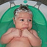 baby, bath, bath_time, bathtub, child, cute, expression, foam, hand, head, indoors, infant, moisture, relaxation, seat, sitting, skin, soap, water, young