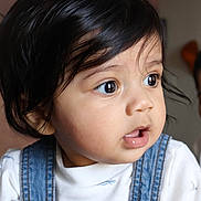 Krishiv is registered to the contest to win money with this photo: baby, child, face, portrait, close_up, curly_hair, denim_overalls, white_shirt, indoors, cute, expression, looking_away, young, skin, eyelashes, mouth_open, soft_light, infant, person, headshot