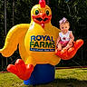 Kelly Kay joined the competition — help win amazing prizes! advertisement, baby, blue, bow, chicken, child, grass, hand, inflatable, mascot, orange, outdoor, playful, red_shorts, smiling, summer, sunny, trees, white_shirt, yellow