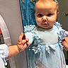 Nelsy is registered to the contest to win money with this photo: baby, child, infant, portrait, face, blue_dress, frills, bow, hair_clip, mirror, reflection, wide_eyed, indoors, bathroom, curtain, fashion, sitting, standing, candid, photography