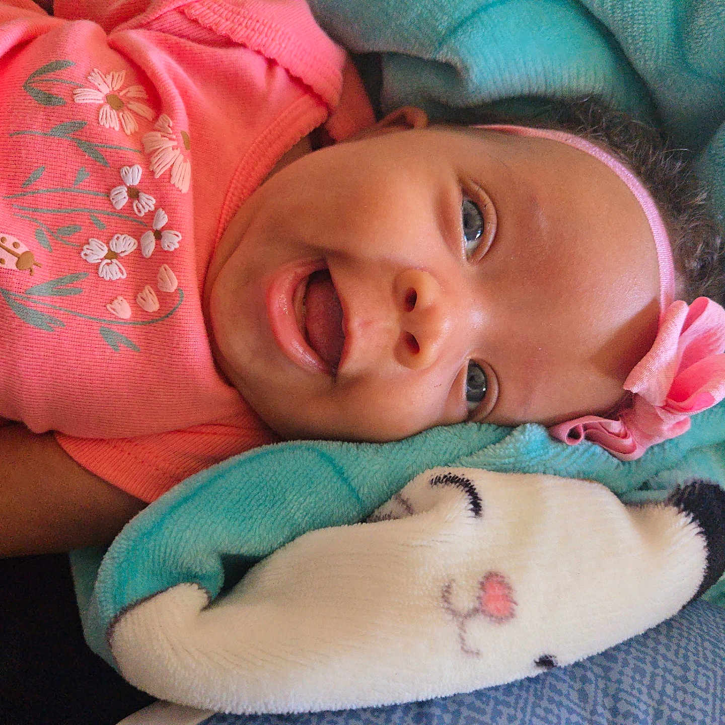 Ur'Majesty joined the competition — help win amazing prizes! animal_face, baby, blanket, blue_blanket, child, closeup, cozy, cute, face, flower, happy, headband, indoors, infant, lying_down, person, pink_clothing, portrait, smiling, soft_texture