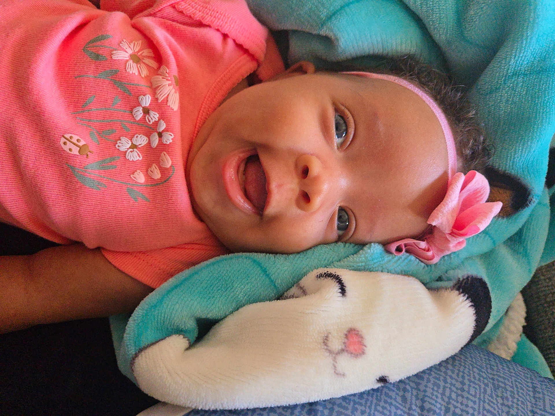 Ur'Majesty joined the competition — help win amazing prizes! animal_face, baby, blanket, blue_blanket, child, closeup, cozy, cute, face, flower, happy, headband, indoors, infant, lying_down, person, pink_clothing, portrait, smiling, soft_texture