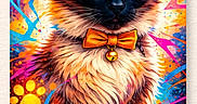 Sammy is registered to the contest to win money with this photo: animal, artwork, background, blue_eyes, bow_tie, cat, colorful, decorative, digital_art, feline, graffiti, illustration, neon_colors, orange, painting, pink, portrait, signature, vibrant, yellow