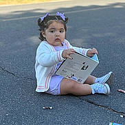 Yahzmeen is registered to the contest to win money with this photo: toddler, child, book, road, asphalt, candy, wrapper, shoes, sneakers, clothing, hair_bows, outdoor, sitting, curly_hair, white_cardigan, purple_outfit, person, daylight, cute, playful