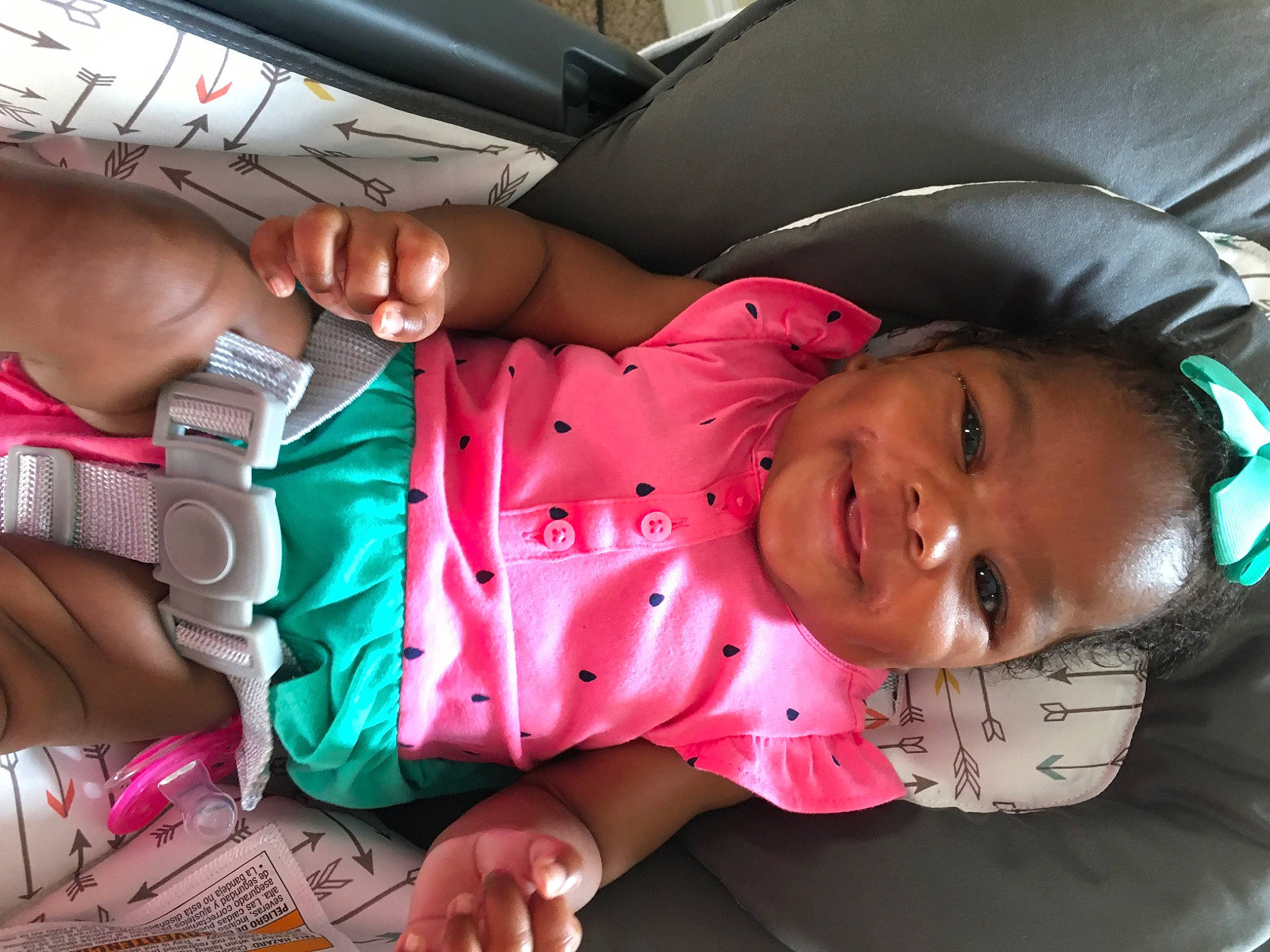 Denver is registered to the contest to win money with this photo: baby, birth, car_seat, child, fun, hand, happy, joy, leg, mouth, person, pink, play, product, skin, sleep, smile, toddler, vacation