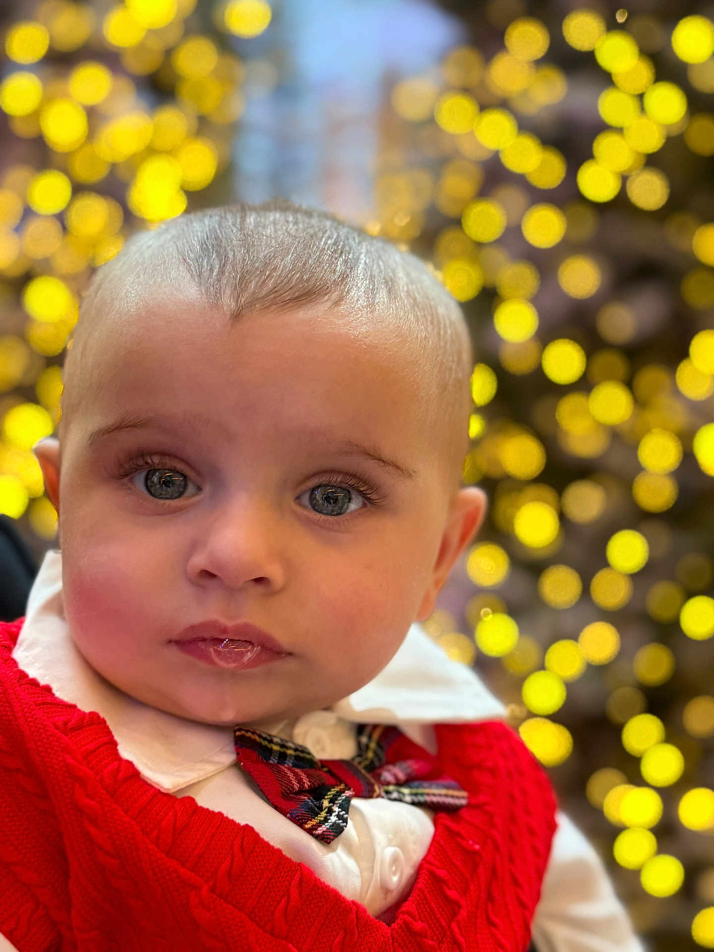 Jordan is registered to the contest to win money with this photo: baby, child, closeup, portrait, red_sweater, bow_tie, festive, holiday, bokeh, lights, cute, face, expression, clothing, young, indoors, person, eyelashes, head, soft_light