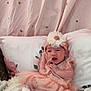 baby, infant, tutu, headband, flower, pink, curtain, stars, pillow, blanket, bed, soft_texture, cute, child, sitting, smiling, indoors, clothing, portrait, cozy
