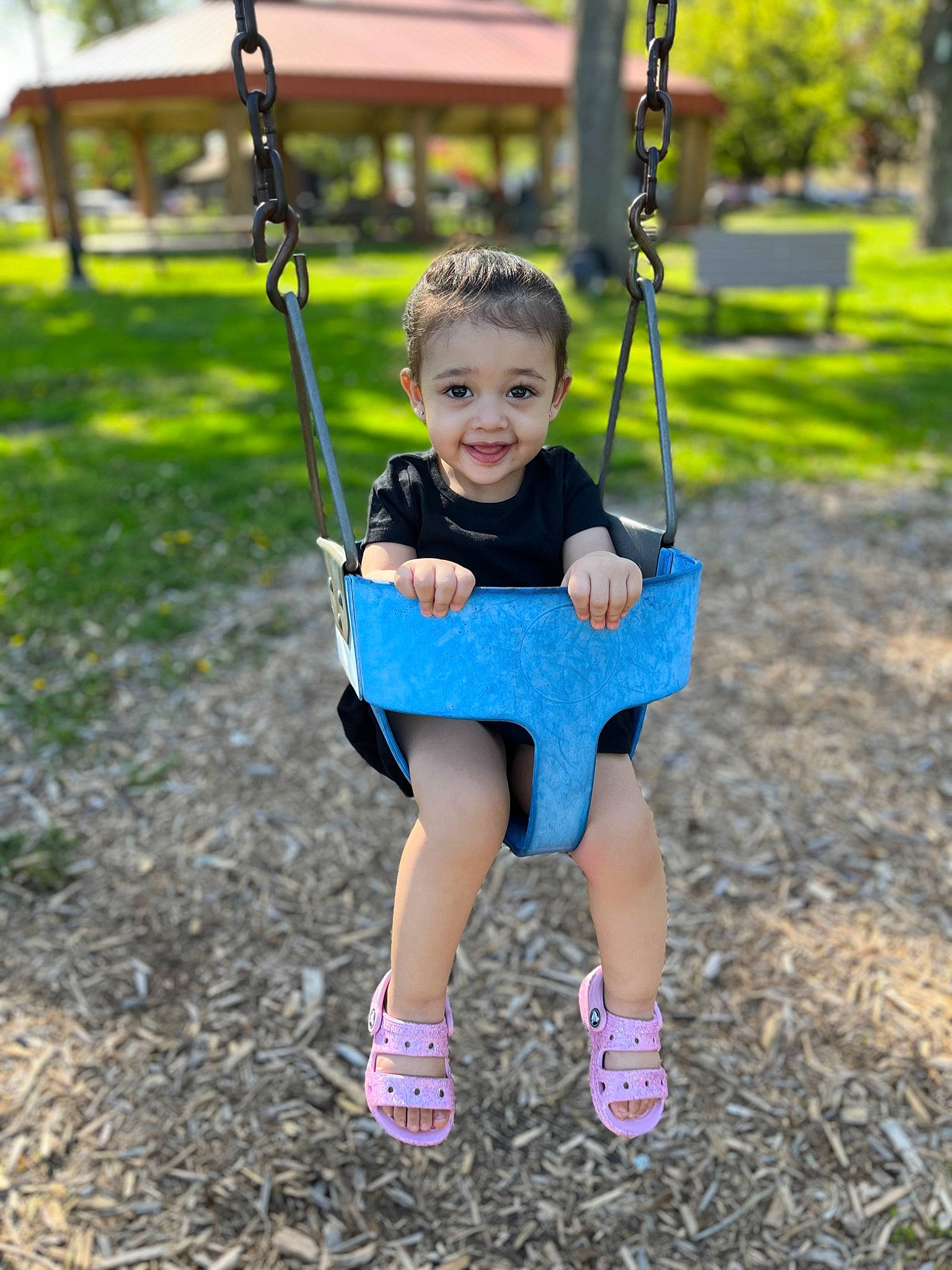 Samaya joined the competition — help win amazing prizes! baby, baby_toddler_clothing, child, city, electric_blue, fun, grass, happy, joy, leisure, outdoor_play_equipment, people_in_nature, person, plant, playground, recreation, smile, soil, summer, swing