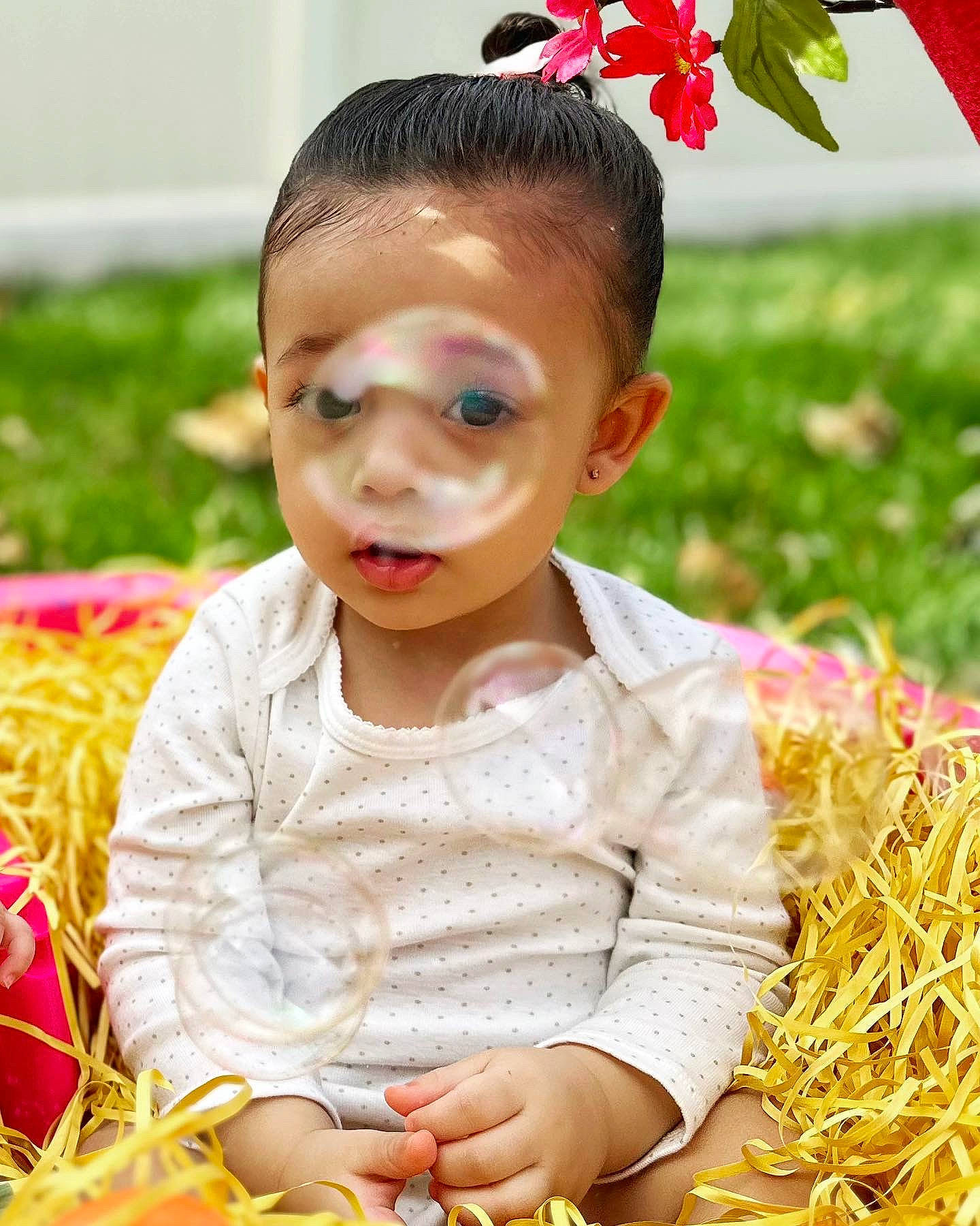 Samaya is registered to the contest to win money with this photo: baby, baby_toddler_clothing, child, dress, event, fun, grass, green, happy, head, people_in_nature, person, petal, photograph, plant, red, spring, summer, toddler, tradition