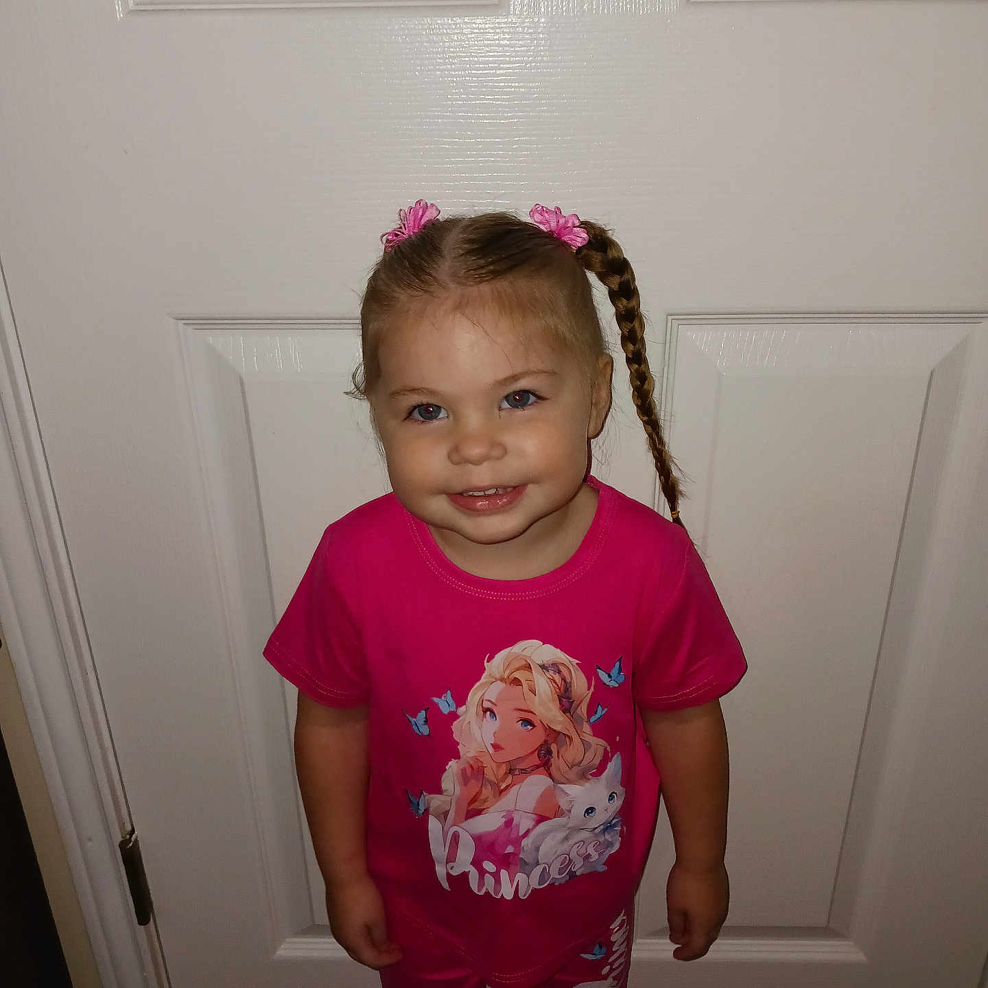Krysta joined the competition — help win amazing prizes! braided_hair, carpet, casual_wear, child, cute, door, fashion, girl, graphic_tshirt, hair_accessory, happy, indoor, person, pigtails, pink_clothing, portrait, smiling, standing, toddler, young_child