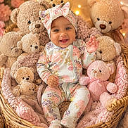 Antonella is registered to the contest to win money with this photo: baby, teddy_bear, basket, plush_toy, headband, pajamas, smiling, child, soft_lighting, indoors, cozy, pink, warm_colors, flower_background, cute, happy, portrait, sitting, blanket, decor