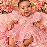 Antonella joined the competition — help win amazing prizes! baby, pink_dress, tiara, smiling, flower_background, pink_flowers, cushion, portrait, infant, happy, cute, sparkle, soft_texture, sitting, child, decor, joyful, adorable, celebration, cute_baby