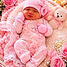 Antonella is registered to the contest to win money with this photo: baby, sleeping, pink, blanket, hat, mittens, teddy_bear, roses, flowers, soft_texture, cute, infant, cozy, lace, bows, heart, portrait, newborn, resting, decor