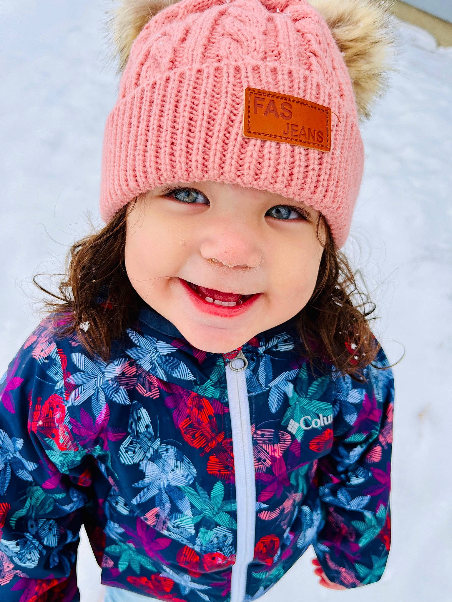Kiana joined the competition — help win amazing prizes! baby_toddler_clothing, beauty, cap, child, eye, happy, head, headgear, headwear, joy, magenta, outerwear, person, photograph, pink, red, skin, sleeve, smile, snow