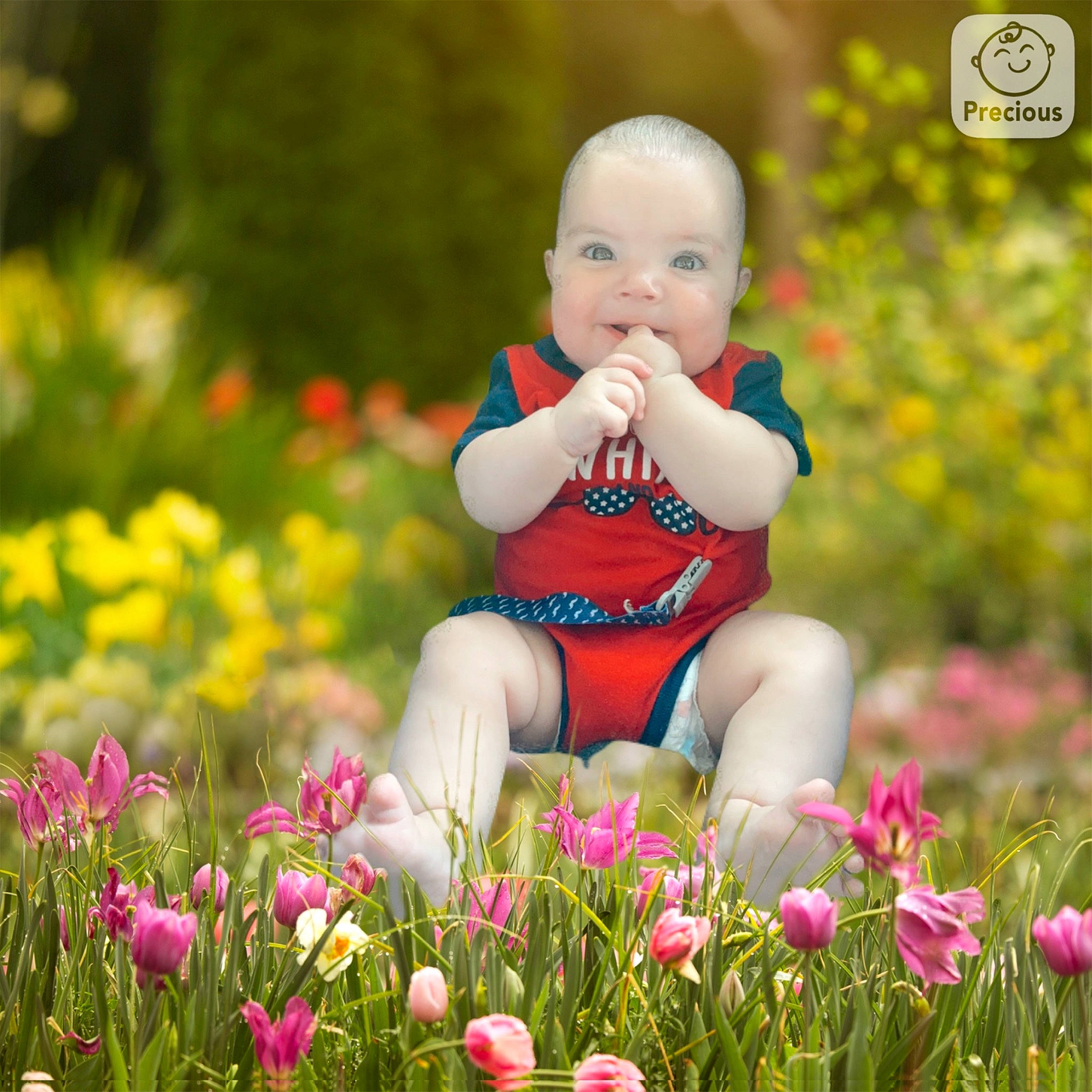 Aziel is registered to the contest to win money with this photo: baby, baby_toddler_clothing, botany, eye, facial_expression, flash_photography, flower, grass, happy, leaf, nature, organ, people_in_nature, person, petal, photograph, pink, plant, playing_with_kids, smile