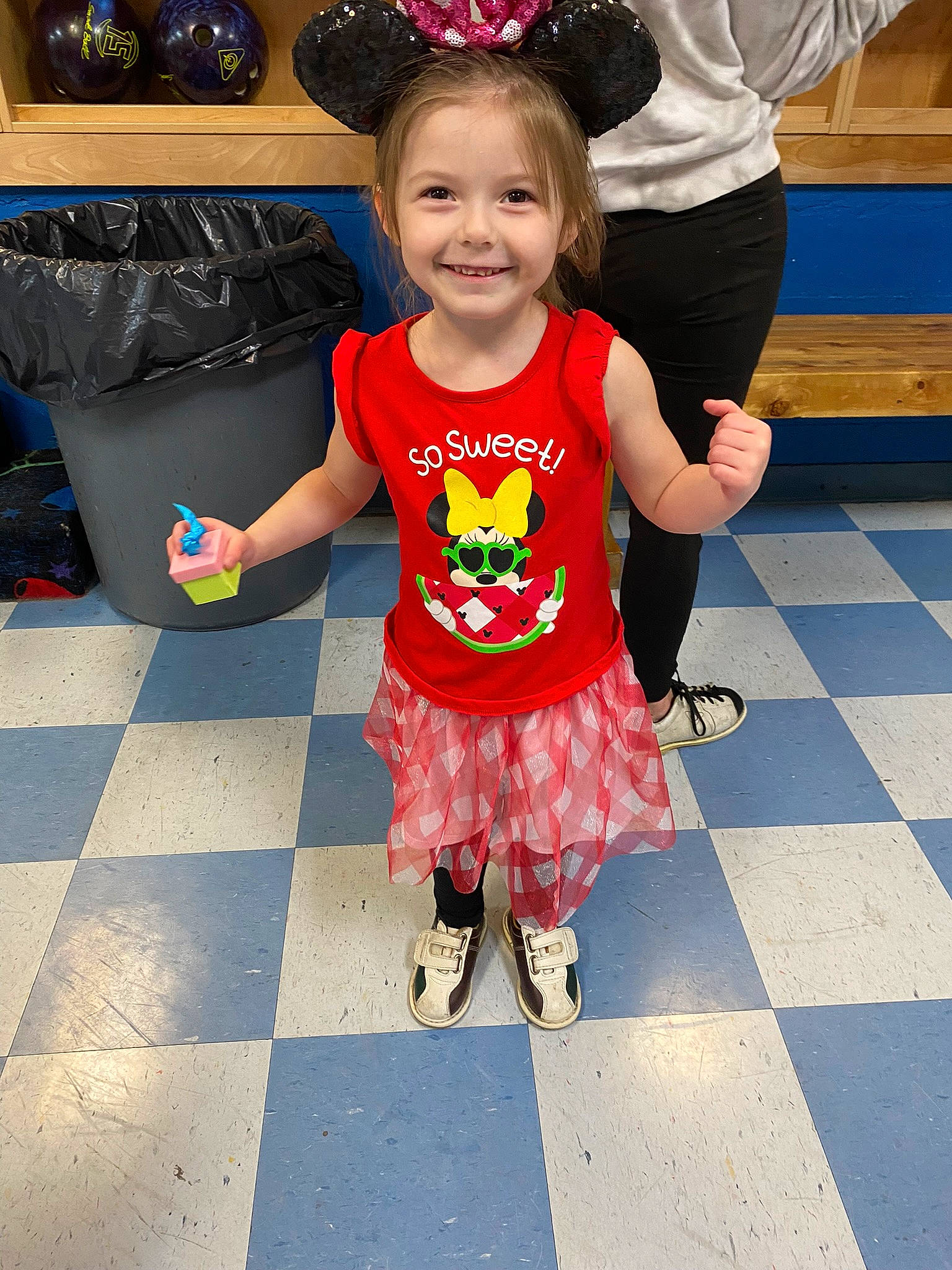 Aubrey joined the competition — help win amazing prizes! baby_toddler_clothing, blue, child, event, flooring, fun, hairstyle, happy, human_leg, joy, leisure, pattern, person, pink, shoe, sleeve, smile, standing, textile, toddler