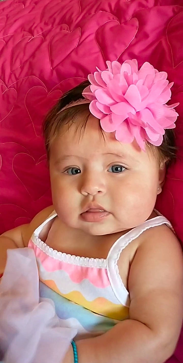 Leona joined the competition — help win amazing prizes! baby_toddler_clothing, cheek, chin, clothing, eyebrow, face, facial_expression, hair, hairstyle, happy, head, headwear, lip, organ, person, petal, photograph, pink, product, skin