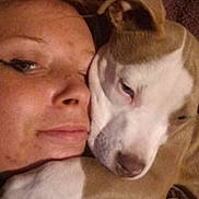 Lily is registered to the contest to win money with this photo: woman, dog, face, close_up, snuggle, affection, carpet, indoor, pet, companion, relaxation, comfort, brown, white, skin, animal, friendship, portrait, cuddle, expression