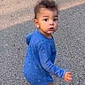 baby, blue_clothing, casual, child, curious, cute, daylight, expression, face, head, human, motion, outdoor, pavement, person, portrait, skin, toddler, walking, young_child