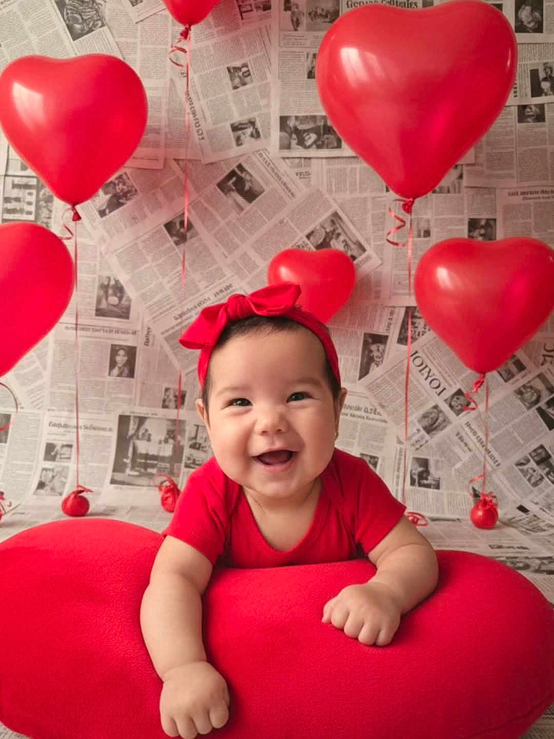Violeta is registered to the contest to win money with this photo: baby, smiling, red_clothing, headband, heart_shaped_pillow, red_balloons, heart_balloons, newspaper_background, indoor, portrait, cute, happy, infant, child, celebration, decor, festive, colorful, person, fun