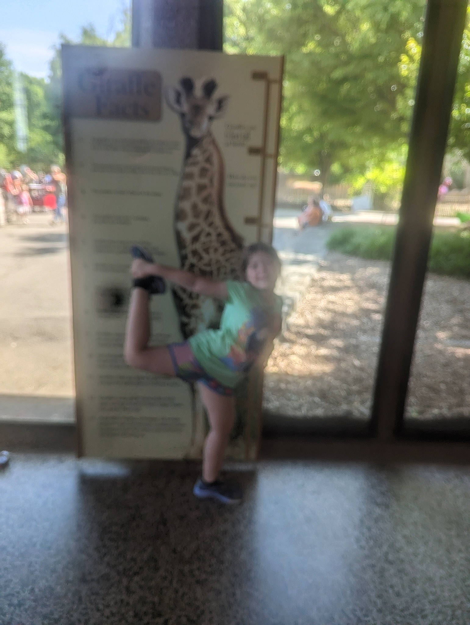Mayelea is registered to the contest to win money with this photo: advertising, art, city, fawn, font, fun, giraffidae, grass, leisure, person, plant, recreation, sandal, shorts, sitting, toddler, tree, vacation, visual_arts, wood