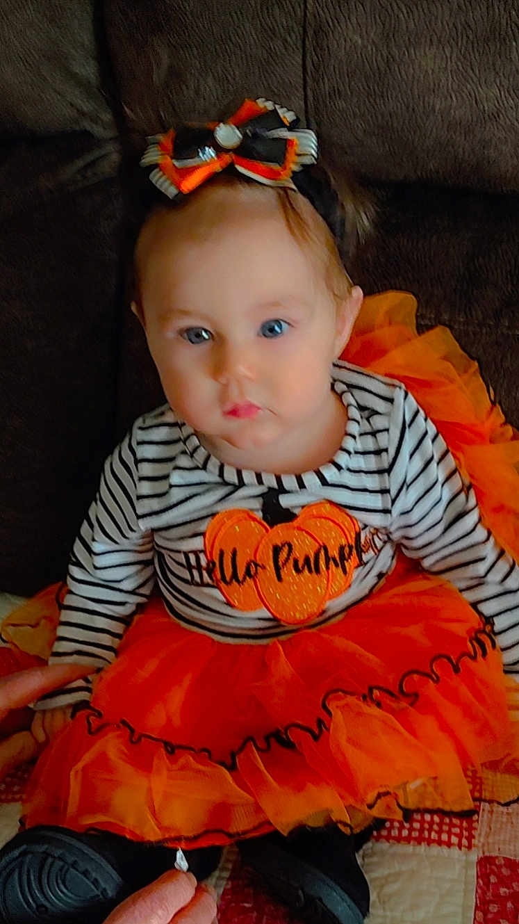 Paisley is registered to the contest to win money with this photo: child, toddler, baby, halloween, orange, black, bow, pumpkin, dress, striped_shirt, couch, sitting, costume, cute, face, person, footwear, indoor, holiday, festive