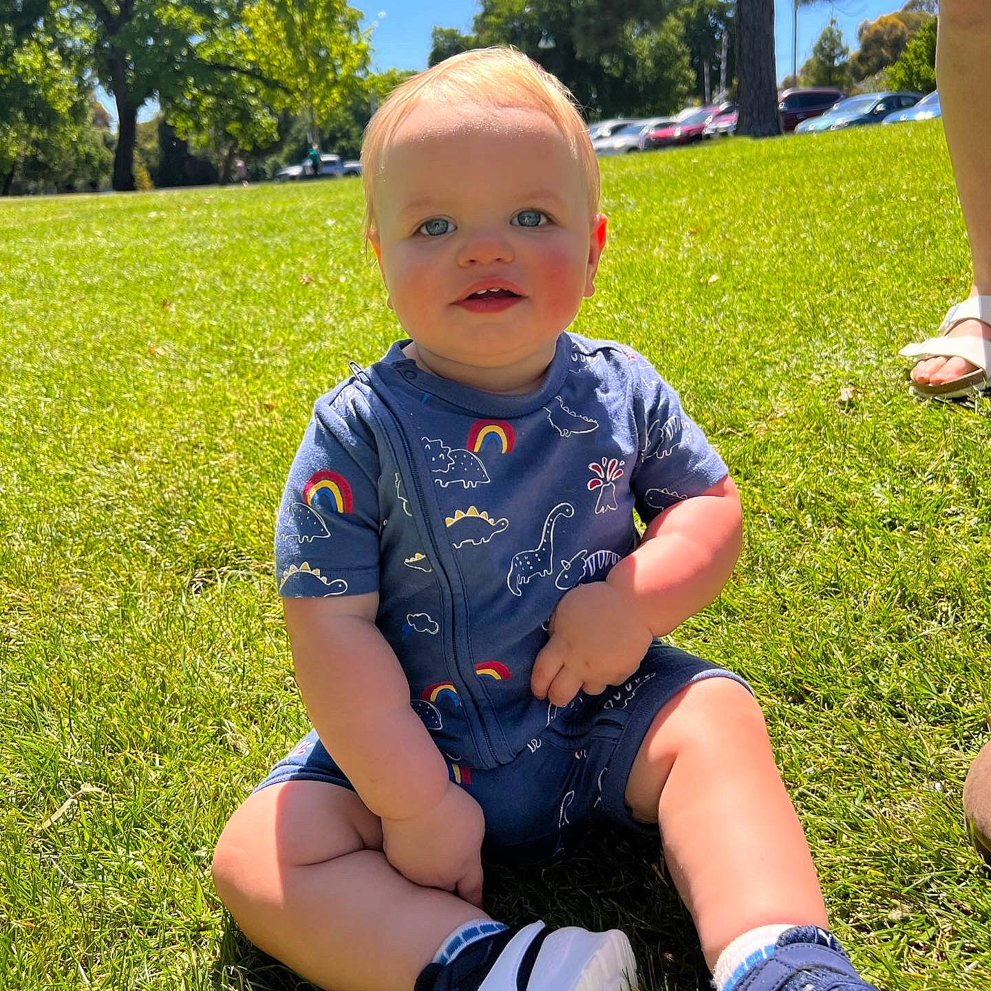 George joined the competition — help win amazing prizes! baby, baby_toddler_clothing, facial_expression, grass, happy, head, leaf, leisure, meadow, nature, people_in_nature, person, plant, skin, sky, sleeve, smile, summer, sunlight, thigh