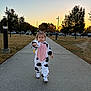 toddler, child, cow_onesie, walking, sidewalk, sunset, park, trees, grass, street_lights, cars, outdoor, cute, person, footwear, casual_clothing, expression, young_child, daylight, nature