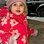 child, toddler, winter_clothing, pink_jacket, knit_hat, mittens, snow, outdoor, night, cold_weather, face, portrait, person, cute, warm_clothes, snowy_background, car, jacket, hat, gloves