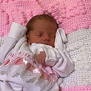 Francesca joined the competition — help win amazing prizes! newborn, baby, sleeping, blanket, pink, white, clothing, lace, soft, cozy, infant, cute, resting, portrait, indoors, peaceful, tiny, wrapped, head, hands