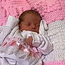 newborn, baby, sleeping, blanket, pink, white, clothing, lace, soft, cozy, infant, cute, resting, portrait, indoors, peaceful, tiny, wrapped, head, hands
