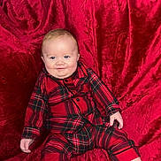 Bill is registered to the contest to win money with this photo: baby, blanket, candy_cane, child, comfort, cozy, cute, face, festive, holiday, infant, pajamas, pattern, person, plaid, red, sitting, smile, soft, young