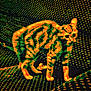 cat, animal, orange, green, pattern, stylized, pixelated, feline, sitting, texture, abstract, digital_art, spots, fur, background, contrast, colorful, artistic, indoor, design