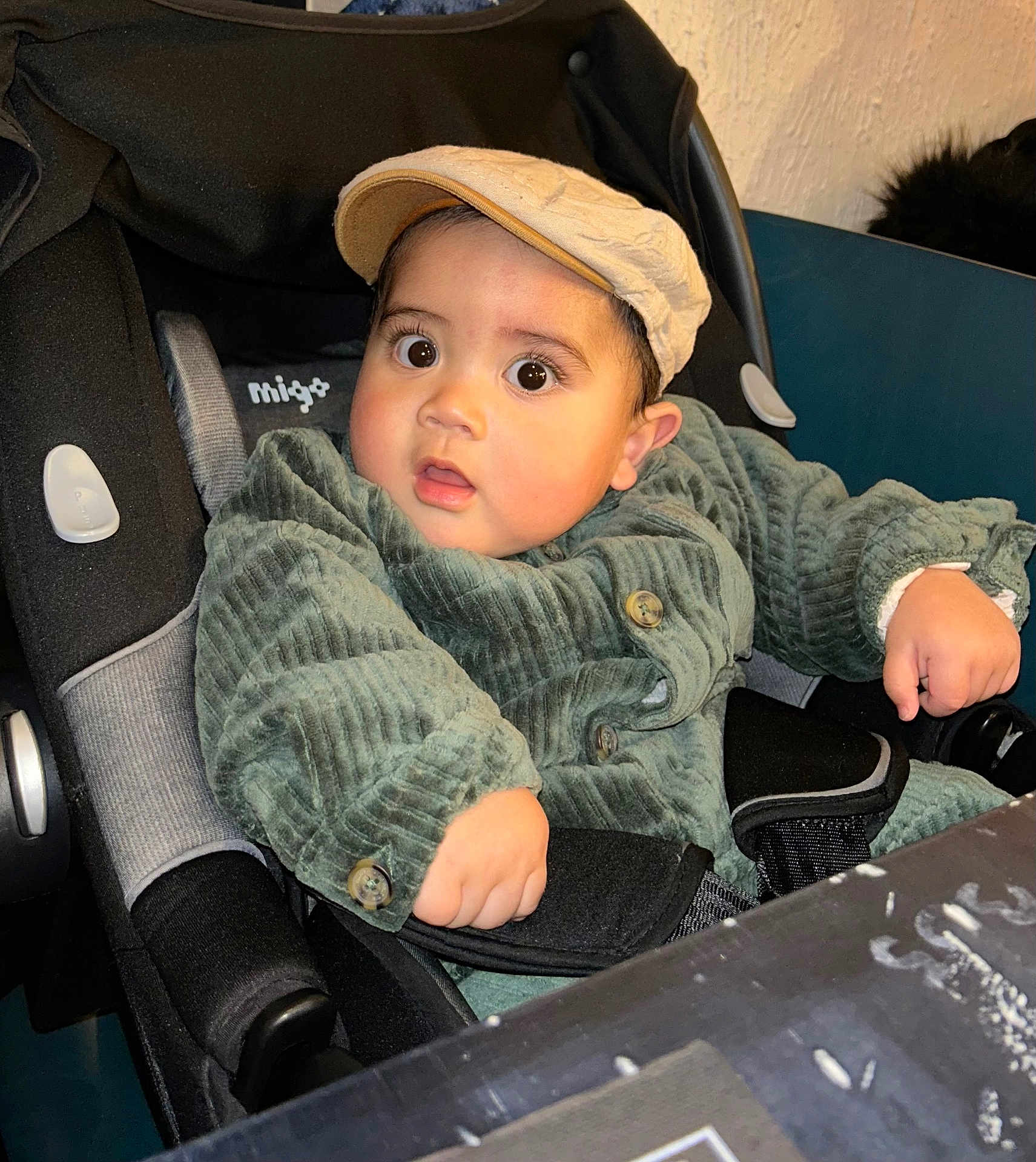 Valéryan participe au concours pour gagner de l'argent avec cette photo : baby, child, car_seat, cap, green_jacket, wide_eyes, curious, indoor, table, clothing, person, seat_belt, face, headwear, infant, expression, furniture, cute, portrait, young_child