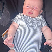 Grayson joined the competition — help win amazing prizes! baby, infant, onesie, striped_clothing, stroller, child, rosy_cheeks, face, arm, hand, legs, seatbelt, child_safety, casual, indoor, portrait, cute, soft_light, chubby, relaxed