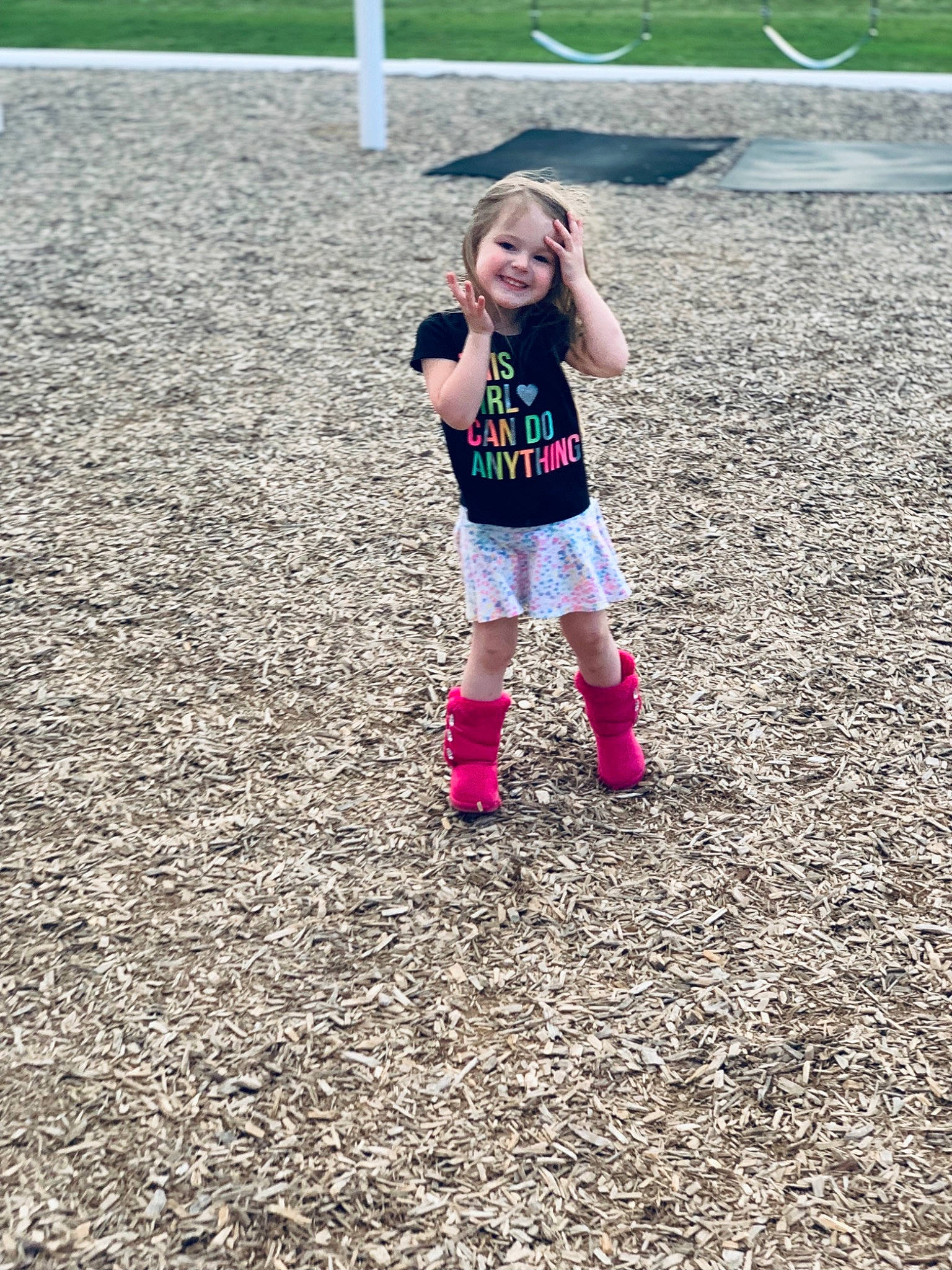 Avah is registered to the contest to win money with this photo: child, footwear, fun, grass, happy, joy, knee, leg, leggings, person, pink, play, recreation, shorts, smile, soil, t_shirt, toddler