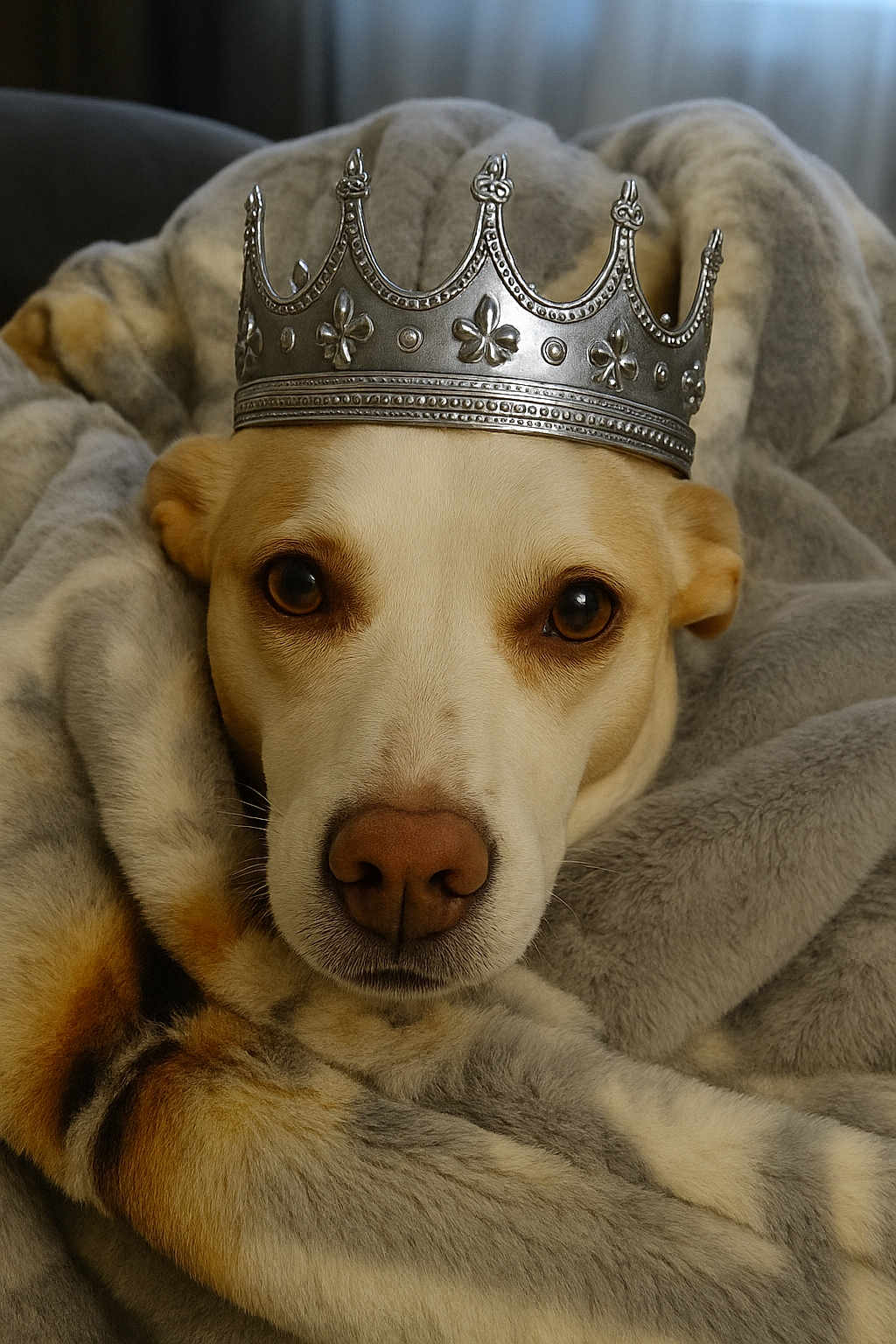 Chopper joined the competition — help win amazing prizes! dog, crown, blanket, fur, pet, portrait, indoor, cozy, closeup, animal, canine, brown_eyes, wrapped, soft_texture, relaxed, cute, domestic_animal, face, headwear, resting