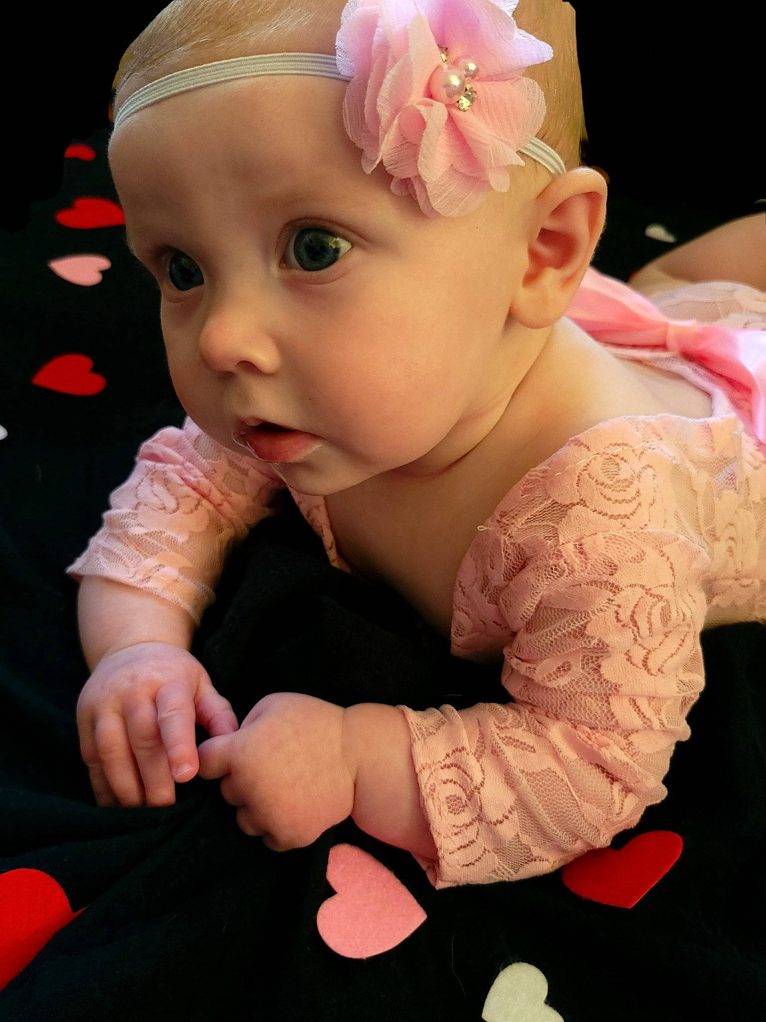 Melina joined the competition — help win amazing prizes! arm, baby, baby_toddler_clothing, cheek, eye, finger, fun, gesture, hairstyle, hand, happy, headband, headpiece, lip, nail, person, petal, pink, skin, surprise