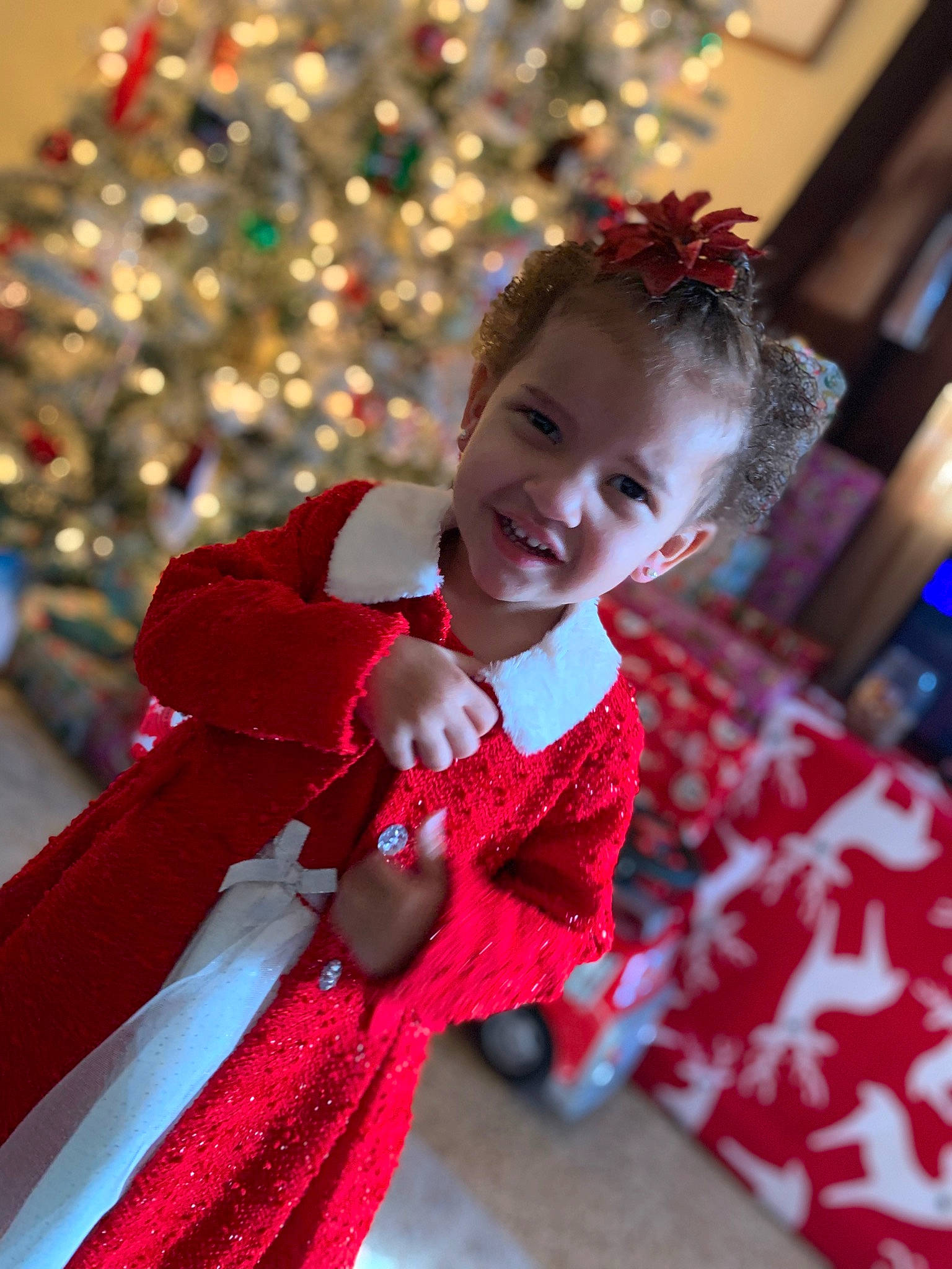 Londyn-daje joined the competition — help win amazing prizes! child, christmas, christmas_decoration, christmas_eve, christmas_ornament, christmas_tree, dress, event, eye, facial_expression, fun, happy, holiday, human_body, joy, magenta, person, sleeve, smile, standing