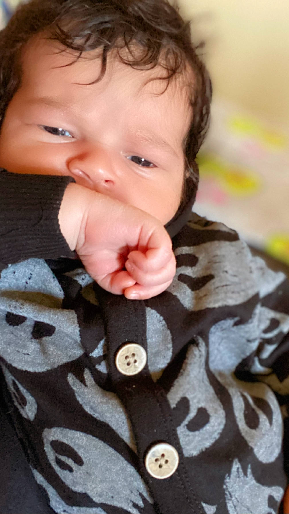 Camden is registered to the contest to win money with this photo: baby, baby_toddler_clothing, cheek, child, chin, close_up, collar, eyelash, facial_expression, finger, gesture, happy, iris, lip, nail, neck, nose, person, skin, sleeve