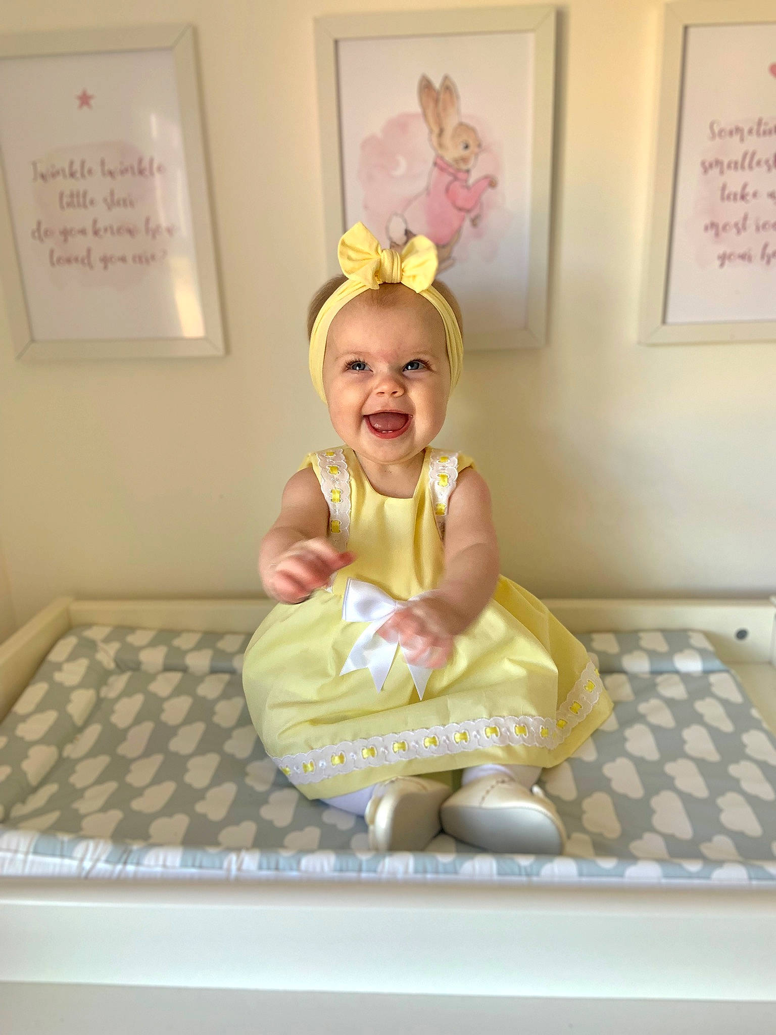 Esmée joined the competition — help win amazing prizes! baby, baby_products, baby_toddler_clothing, bathing, child, dress, eye, fashion_accessory, flooring, fun, happy, hat, headpiece, jewellery, joy, person, picture_frame, rectangle, room, sitting