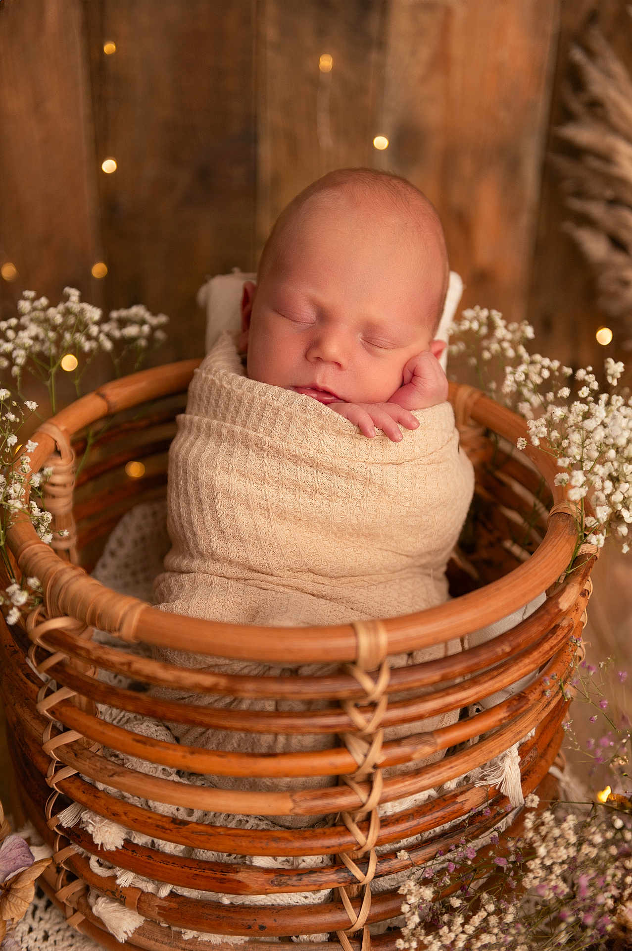 Nathanaël a rejoint le concours — aidez-le/la à gagner de superbes lots ! newborn, baby, sleeping, blanket, basket, wicker, flowers, fairy_lights, cozy, wrapped, peaceful, soft_light, wooden_background, portrait, infant, cute, resting, decor, closeup, warm