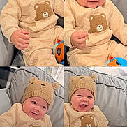 Kaleb joined the competition — help win amazing prizes! baby, infant, child, portrait, collage, four_images, smiling, happy, bear_hat, bear_outfit, knitwear, beige_clothing, toy, colorful_toy, seated, indoor, blanket, cushion, close_up, screenshot