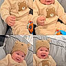 baby, infant, child, portrait, collage, four_images, smiling, happy, bear_hat, bear_outfit, knitwear, beige_clothing, toy, colorful_toy, seated, indoor, blanket, cushion, close_up, screenshot