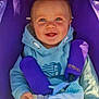 baby, child, smiling, blue_eyes, hoodie, purple_stroller, blanket, pacifier, happy, infant, cute, seated, clothing, comfort, baby_accessories, portrait, baby_boy, casual_wear, daylight, closeup