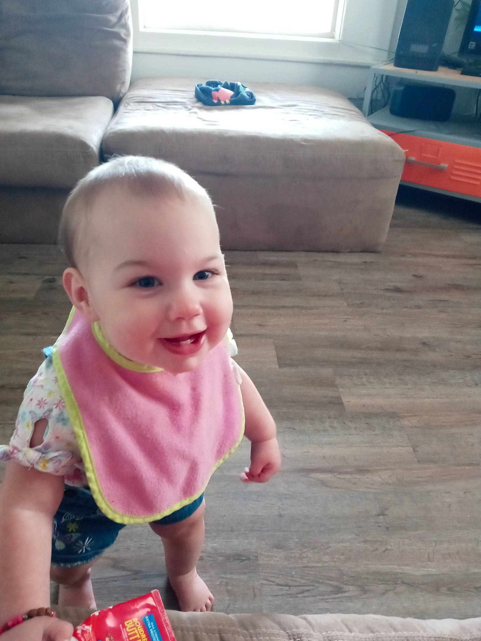 Emerson joined the competition — help win amazing prizes! baby, baby_toddler_clothing, cheek, child, comfort, couch, face, floor, flooring, fun, grass, happy, joy, leisure, person, sitting, skin, smile, standing, toddler