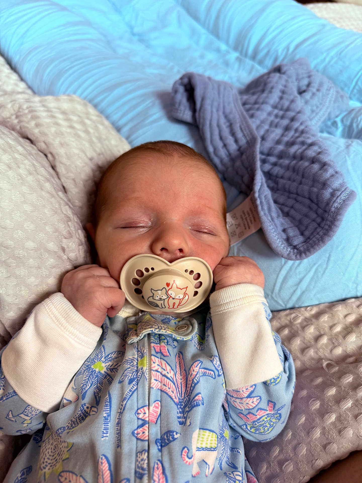 Grayson is registered to the contest to win money with this photo: baby, sleeping, pacifier, cute, blanket, soft, pastel_colors, infant, clothing, patterned, hands, face, resting, cozy, newborn, peaceful, cute_pacifier, bedtime, child, portrait