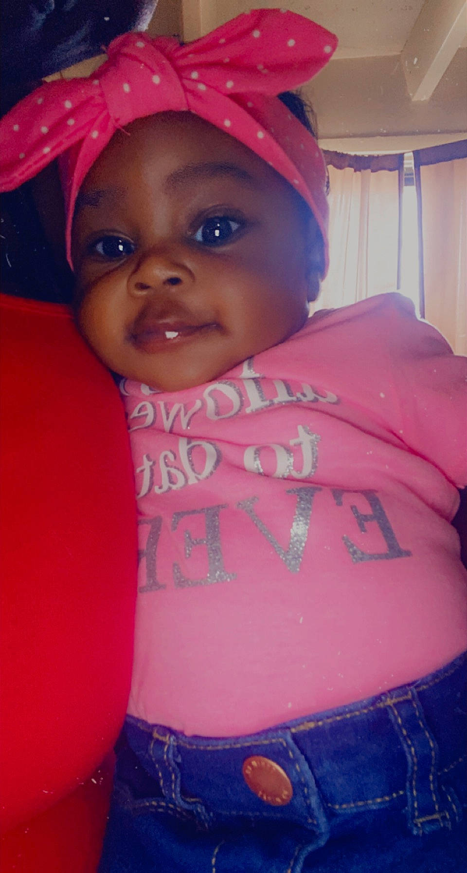 Gizelle is registered to the contest to win money with this photo: arm, cheek, chest, cool, eyebrow, eyelash, face, finger, happy, headwear, human, human_body, lip, mouth, neck, organ, outerwear, person, pink, skin